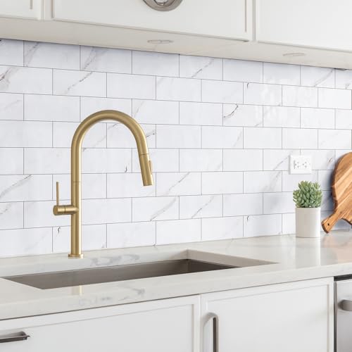 StyloVue 100 Pieces Peel and Stick Backsplash for Kitchen, 3" x 6" PVC Subway Tile 2026 Upgraded Glossy White Marble with White Grout Backsplash Stick on Tile Elevate Kitchen Fireplace RV - color: Glossy White Marble