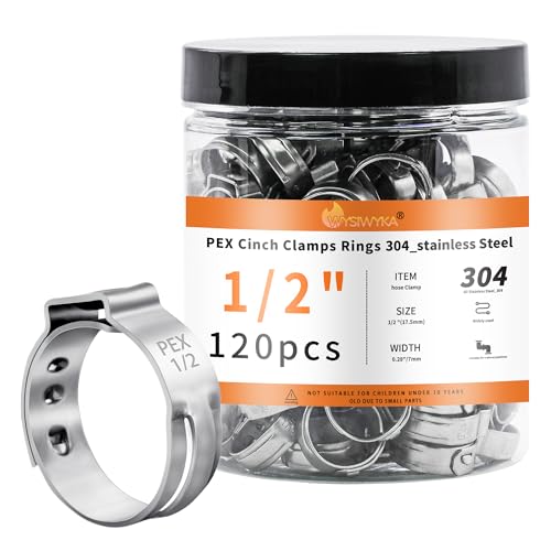 120pcs 1/2 inch PEX Cinch Clamps Rings, 304 Stainless Steel Pex Crimp Rings, Heavy Duty Thickened Single Ear Hose Clamps for PEX Tubing Pipe Fitting Connections - color: 120 Pcs, size: 1/2 inch