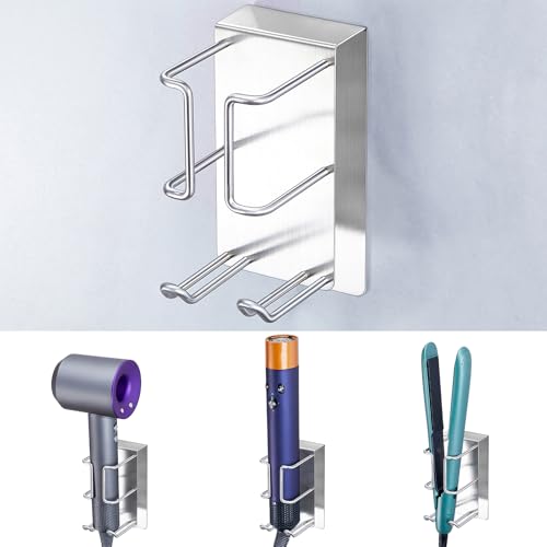 Hair Dryer and Straightener Holder Wall Mounted, Curling Iron Holder Adhesive, Blow Dryer Holder Wall, Bathroom Hair Tool Organizer for Flat Irons,Curling Wands,Styling Tools (Silver, 1Pc)