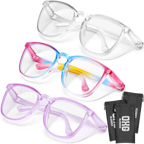 OXG 3 Pack Stylish Safety Glasses, ANSI Z87+ Anti Fog Safety Goggles Blue Light Blocking Protective Eyewear for Nurses - color: Rianbow+clear+purple