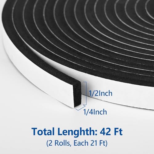Kikerike Self Adhesive Foam Tape Weatherstrip 1/2In x 1/4In x 42Ft High Density Foam Insulation Strips Seal Weather Stripping with Strong Adhesive for Door and Window Sound Isolation Soundproofing - size: 1/2in x 1/4in x 42Ft