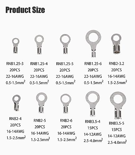 250 Uninsulated Ring Terminals, Brass Ring Connectors, AWG 22-16, 16-14, 14-12, 12-10 Crimp-On Wire Connectors, Tin-Plated Wire Terminals, Batteries