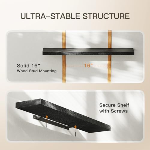 Amada 32 Inch Floating Shelves with Invisible Brackets, Set of 2, Black | Wall Shelves with Hidden Bracket, Solid MDF Wood, 22 lbs Max Load per Shelf, Easy to Assemble, Multi-Wall Compatible - color: Black, size: 32 inches