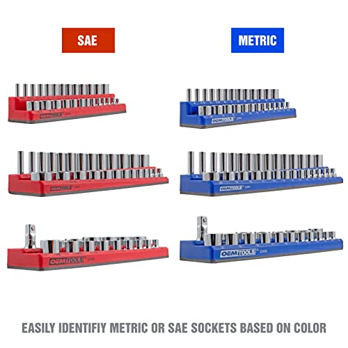 OEMTOOLS 6-Pc Metric & SAE Magnetic Socket Tray Set Holds 143 Sockets | Magnetic Socket Organizer Tray, Non-Marring Rubberized Base, Clearly Marked Sizes, 1/4, 3/8, 1/2 Inch Sockets - style: Red and Blue