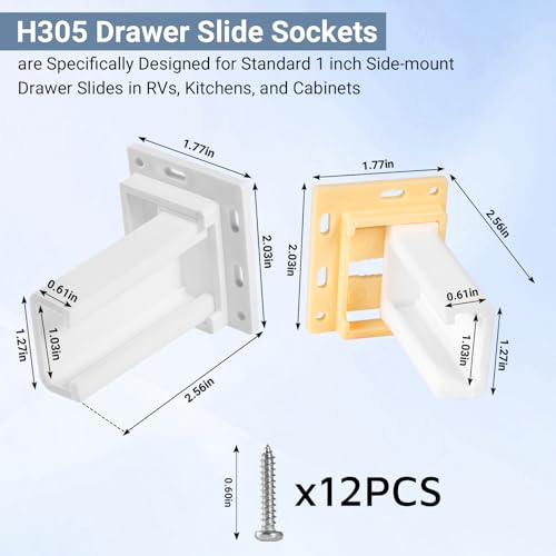 2 Pack Drawer Slide Socket Set for 1" Drawer Slides, Heavy-Duty Plastic | C-Shaped Adjustable H305 Drawer Rail Bracket with Screws Adjustable Base,Drawer Socket for RV Drawers Cabinet & Furniture