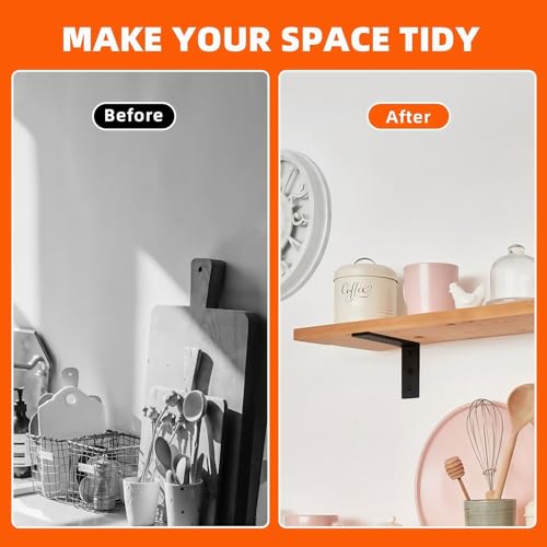 6 Pack Heavy Duty Floating Shelf Brackets, Black Metal L Wall Brackets, DIY Industrial Shelf Brackets - L 6" x H 4" x W 1.6" ( 1/5 Inch Thicked ) - size: 6"×4"