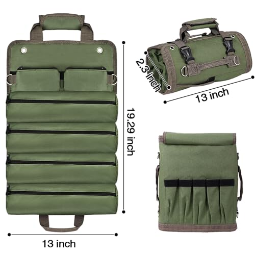Heavy Duty Roll Up Tool Bag Organizer w/Detachable Pouches, Gifts for Men - color: Black