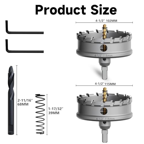 Metal Hole Saw 4-1/2''(115mm) 2Pcs Set Heavy Duty Tungsten Carbide Tipped Hole Cutters Set with a nitrided Step Drill and L-flench, for Steel Iron,Aluminum,Stainless stell,Plastic - size: 4-1/2''(115mm)-2PCS