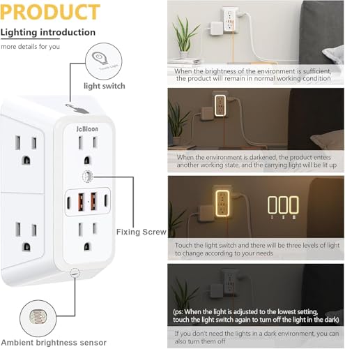 Outlet Extender with Night Light, Multi Plug Outlet Surge Protector,6 Outlet Splitter with 4 USB Outlet (2 USB A,2 USB C) 3 Sided Multi Plug Wall Adapter Power Strip for Home Travel Office 2 Pack - color: White-2Pcs