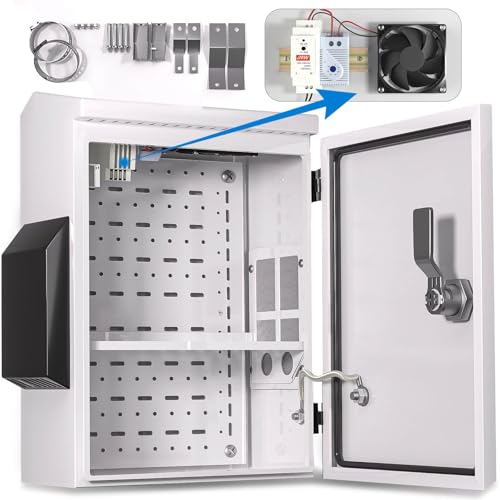 Outdoor Electrical Box with Thermostat and Fan, Cold-Rolled Steel Plate, Aluminum Alloy Back Beam, One-Piece Ventilation Design, IP65 Waterproof, Wall/Pole Mounted. (17.7" x 13.8" x 8") - size: 17.7" x 13.8" x 8"