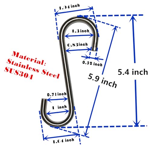 Heavy Duty S Hooks Hanging Metal Hook Large 304 Stainless Steel Diameter 5/16 in Rust Proof for Swing Hammock Garden Outdoor Tools