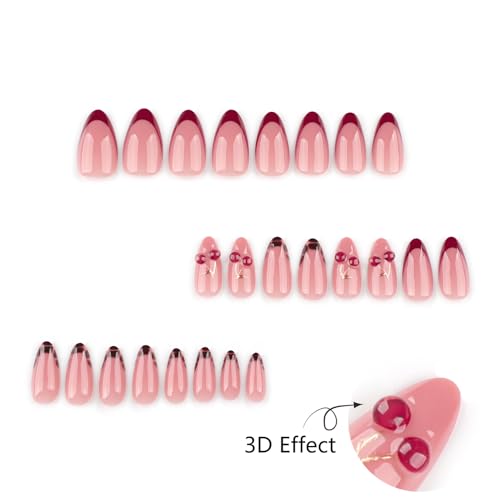 Mivota Medium Press On Nails Almond – 3D Cherry Design with Gold Branch, Red French Tips & Leopard Pattern, 24PCS Acrylic Fake Nails with Glue & Tools, Glossy Reusable Stick On Nails for Women - color: 51-French Cherry