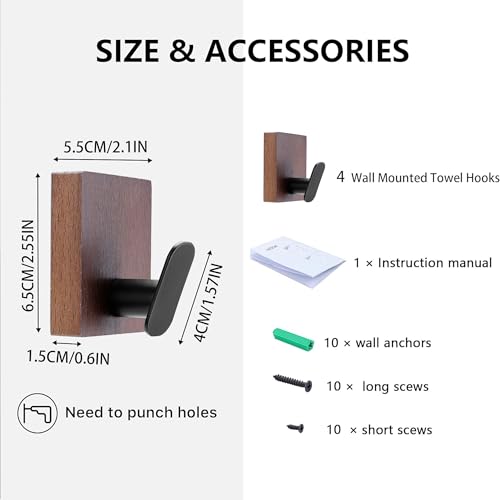 DELITON Adhesive Towel Hooks,Wall Hooks for bathrooms Without Drilling, Wood Wall Hooks for Hanging Robe, Towel, Bag Stick on Farmhouse Bathroom Bedroom Entryway 4 Packs Burned Brown - color: Dark Brown