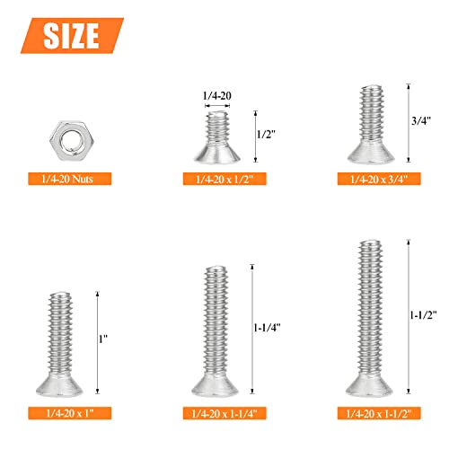 HELIFOUNER 50 Pieces 1/4-20 x 1/2" 3/4" 1" 1-1/4" 1-1/2" Phillips Countersunk Head Screws Nuts Washers Assortment Kit, Coarse Thread, Fully Machine Threaded, 304 Stainless Steel - size: 1/4-20