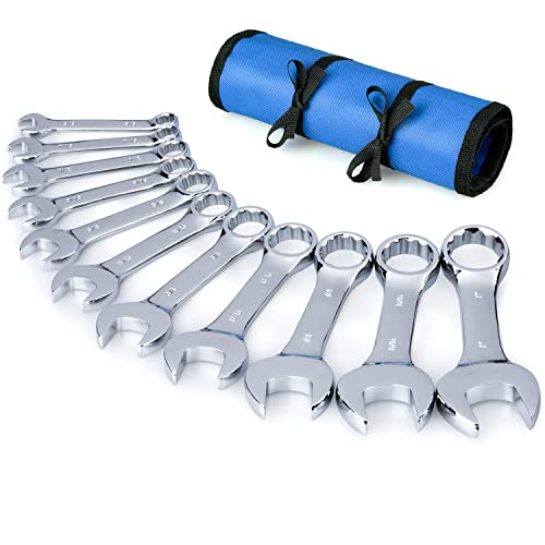 Premium Stubby Combination Wrench Set with Roll-up Pouch, 11-Piece, SAE, 3/8” to 1”, No Skipped Inch Size | Cr-V Steel, Mirror Polished Finish | Short Length and Slim Body, Perfect for Confined Areas - size: SAE Set
