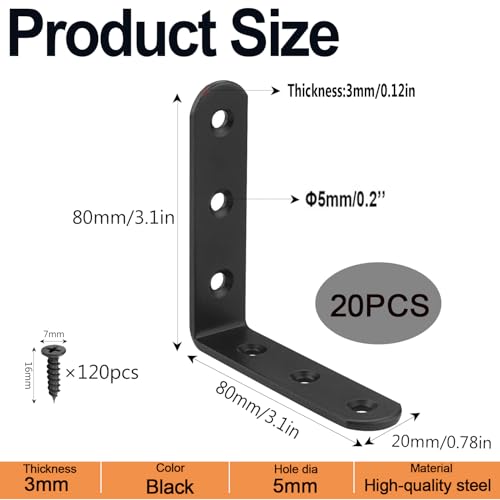20 Pcs 3" x 3" Black L Brackets 80 x 80MM Metal Corner Brackets Heavy Duty Right Angle Brackets for Wood Shelves Furniture Frame Bookshelf, Included 120pcs Screws - size: 3Inch Black Right Angle