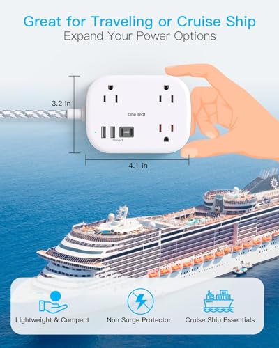 Cruise Essentials 2026,One Beat Travel Power Strip with USB C,Flat Plug - color: White, size: 10Ft