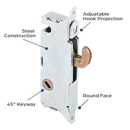 Prime-Line E 2014 Mortise Lock - Adjustable, Spring-Loaded Hook Latch for Sliding Patio Doors Constructed of Wood, Aluminum and Vinyl, 3-11/16 In., 45 Keyway, Round Face (Single Pack) - style: steel