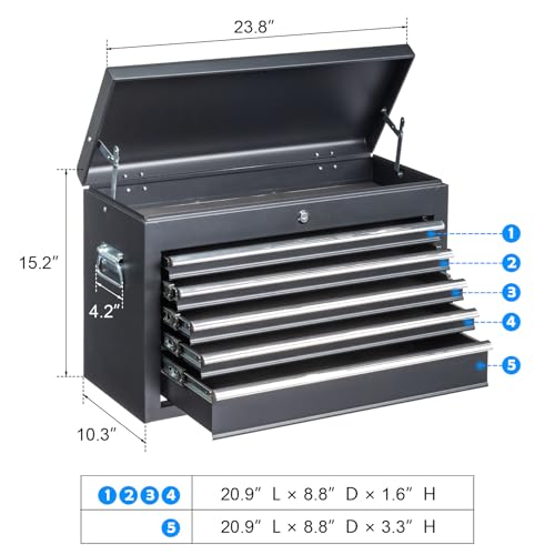 Winado 24" Portable Metal Tool Box, 5 Drawers Lockable Toolbox, Black - color: Black