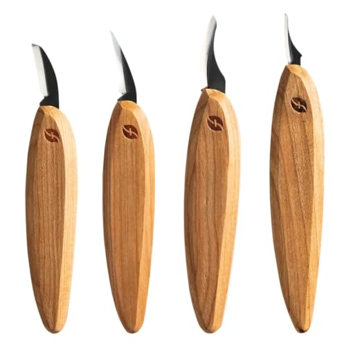 Flexcut Premium Series Wood Carving Tool Set, 4-Piece Kit with Cutting, Detail, Pelican, and Mini-Pelican Knives Plus Tool Roll, Ergonomic Cherry Wood Handles, USA Made