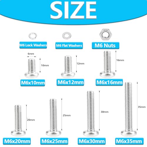 M6 Screws,Hincell 100pcs M6 Phillips Pan Head Machine Screws, Metric Screws Bolts Washers Nuts Kit,304 Stainless Steel(M6 x 10mm /12mm /16mm /20mm /25mm /30mm /35mm), Silver - size: M6, style: Phillips Pan Head