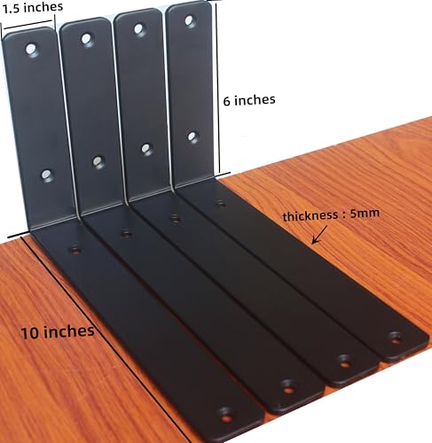 2 Pack - L 10" x H 6" x W1.5, 5mm Thick Black L Shelf Bracket, Iron Shelf Brackets, Metal Shelf Brackets, Floating Shelf, Shelf Supports with Screws - size: 10''x6'', style: Black 2 Pack