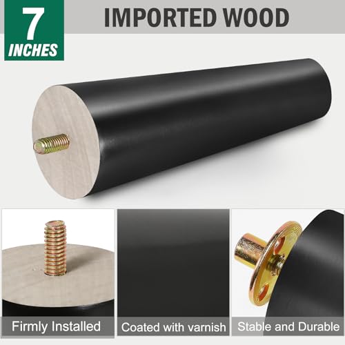 FoDau770 Rubber Wood Legs 7", Straight Taper, 5/16"-18 Thread, Black, 4pcs | Wood Couch legs - Mid Century Sofa Legs - Furniture legs Replacement for Cabinet Dresser Chair Ottoman - color: Black, size: 7 Inch - Straight (90°)