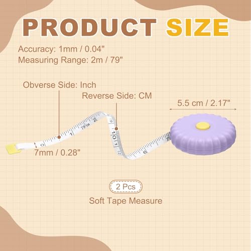 HARFINGTON 2Pcs Soft Tape Measure 79" Double Scale Retractable Mini Cartoon Measuring Tape Cute Tape Measurer for Sewing Craft Cloth Fabric Tailor Weight Loss Body Measurements, Purple - color: Purple