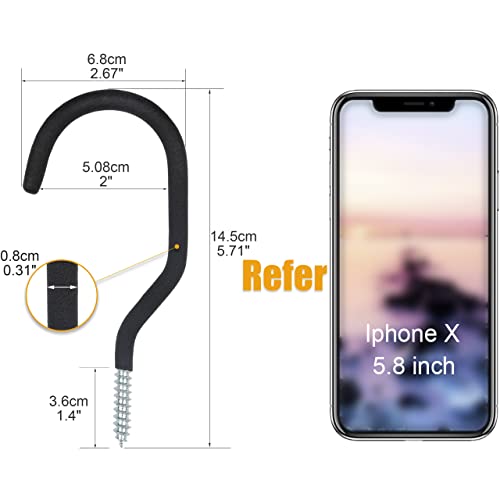 KURUI Large Heavy Duty Screw Hooks for Hanging Plants, Outdoor String Lights, Bike, 8 Pack Ceiling Hooks for Garage Organization and Storage, Black No Drill Wall Hangers - size: 5.7 Inch