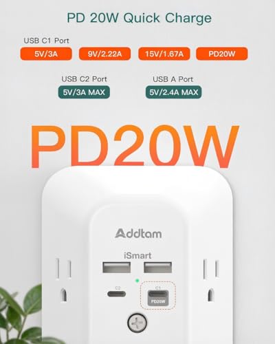 Addtam 5-Outlet Extender Surge Protector, Multi Plug Wall Outlet with 4 USB Wall Charger(PD 20W), Outlet Splitter Power Strip for Home Office Dorm Room Essentials, Plug Extension Outlet 1800J - size: 2c2a Pd 20w