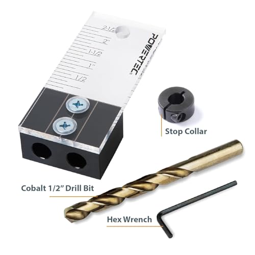 POWERTEC Dowel Jig Kit, Doweling Jig Kit 1/2", Self Centering Dowel Jigs Woodworking, Laser Cut Witness Mark, with Depth Scale, Drill Guide Dowel, Cobalt M-35 Drill Bit & Split Ring Stop Collar 71717 - style: 1/2" Doweling Jig Kit w/ Bit & Collar