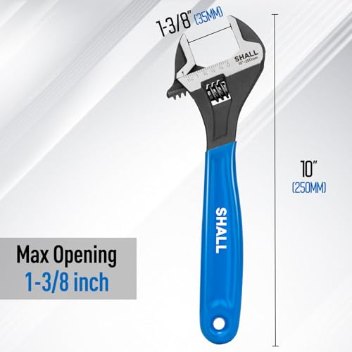 SHALL 10 Inch Adjustable Wrench, Cr-V Steel Spanner with Cushion Grip, Wide Jaw Black Oxide Wrench with Laser-etched SAE Scales for Home, Garage, Workshop and DIY - size: 10 inch