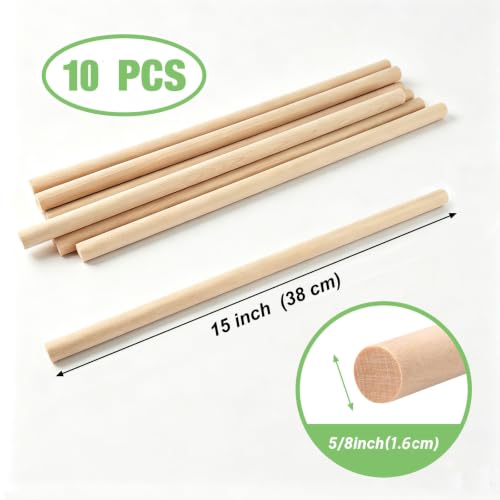 Wooden Dowels Wooden Sticks for Crafts 5/8 x15 in,10 PCS Wood Craft Sticks - size: 5/8"×15"- 10 PCS