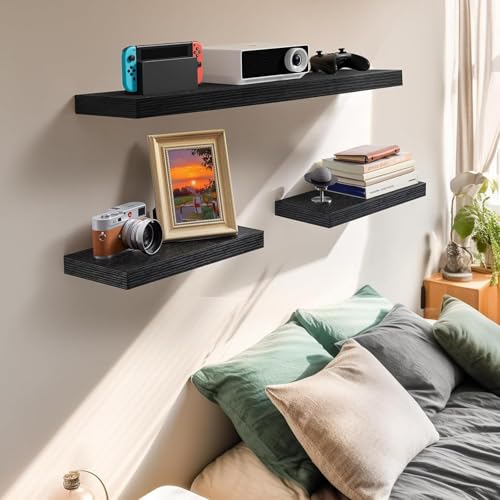 Amada 15 Inch Floating Shelves with Invisible Brackets, Set of 2, Black | Wall Shelves with Hidden Bracket, Solid MDF Wood, 22 lbs Max Load per Shelf, Easy to Assemble, Multi-Wall Compatible - color: Black, size: 15 inches