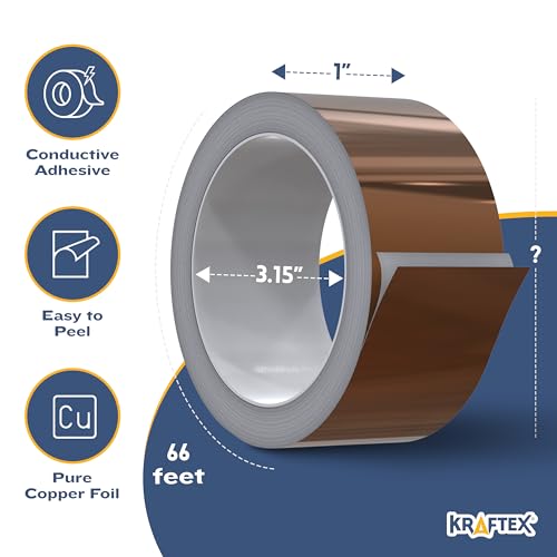 Kraftex Copper Tape [1 Inch x 66ft] – Conductive Copper Foil Tape with Adhesive for Stained Glass, Slug Barrier, Guitar Shielding & Faraday Cage - size: 1" × 66 ft
