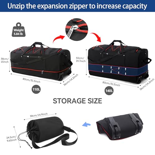 110L Expandable to 140L 32” Foldable Oxford Soft-Sided Rolling Duffle Bag with 2 Heavy-Duty Wheels,2 Large Compartments,Adjustable Shoulder Strap and Attached Organizer Pouch,Black Red - color: Black Red