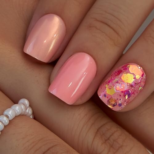 CurvLife Short Glitter Press On Nails, Shimmery Peach Pink, Soft Gel - color: Shimmery Peach Nails
