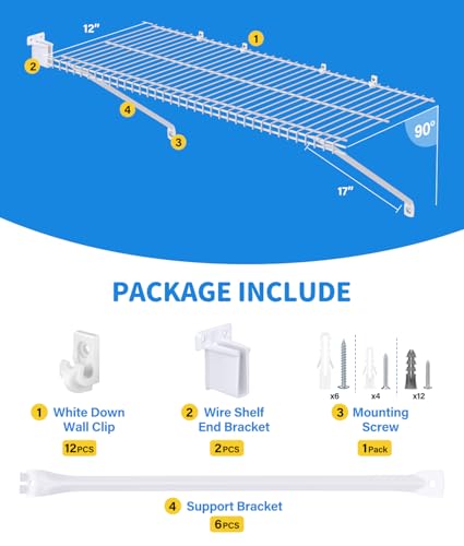 6 Pack 12 Inch Wire Shelf Brackets Set, Closet Maid Support Brackets with Anchors and Screws, Wire Closet Shelving Accessories with 12 PCS Wire Shelf Clips for Wardrobe and Wall Bracket