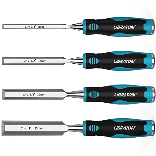 LIBRATON Chisel Set, Wood Chisel Set, Wood Chisel Tool Set for Woodworking | Wood Chisels, Chrome Vanadium Steel Chisel with Storage Pouch, 1/4"(6mm), 1/2"(13mm), 3/4"(19mm), 1"(25mm)