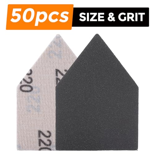 POLIWELL Silicon Carbide Sandpaper 50PCS 90mm x 65mm Triangle Sanding Sheets Hook & Loop 220 Grit Replace Milwaukee M12 Orbital Detail Sander for Wood Finishing, Detail Sanding - size: 220 Grit