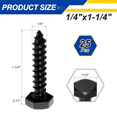 25 Pcs Hex Head Lag Screws 1/4" x1-1/4 SS 18-8 (304) Lag Bolts - color: Black, size: 1/4"x1-1/4"