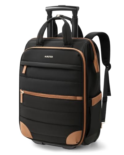 Rolling Puffer Backpack for Women, Travel Backpack with Wheels, 16 Inch Wheeled Laptop Backpck, Dual-Opening Design Overnight College Underseat Carry on Luggage, Roller Business Work Bag, Black Brown - color: Black Brown