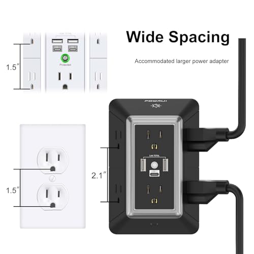 Multi Plug Wall Outlet Night Light, POWRUI 6 Outlet Extender & 3 USB Ports - color: Black(6Outlets/Night Light), size: 2U1C