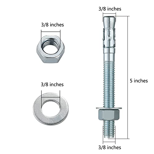 Wensilon 3/8x5" 10Pcs Inch Standard Fasteners for Heavy-Duty Zinc Wedge Anchors for Cement and Concrete - size: 3/8x5"