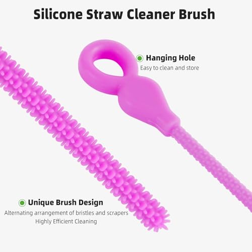 Silicone Straw Cleaner Brush, 4Pcs Reusable Straw Brush Set with Extra-Long Design for Cleaning Thin Metal Straws and Wider Milkshake Straws （6mm+9mm Purple) - color: Purple