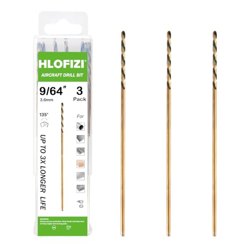 9/64 x 8 Inch Extra Long Drill Bits (3 Pack), Aircraft Drill Bit Black and Gold M2 HSS for Wood, Plastic, Thin Metal Sheet - size: 9/64 in