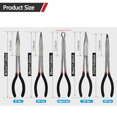5 Pack 11" Extra Long Nose Pliers Set with Insulated Comfort Grip Handles - size: 5 Pieces - 11" - Straight/25°/45°/90°/Circle