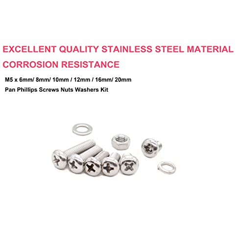 cSeao 220pcs M5 6mm / 8mm/ 10mm/ 12mm/ 16mm/ 20mm Pan Head Machine Screws Washers Hex Nuts Assortment Kit, Phillips Drive, 304 Stainless Steel - size: M5