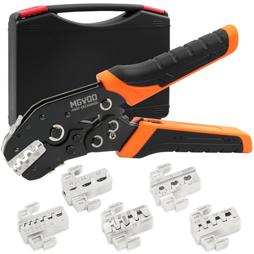 Wire Crimping Tool Kit 7Pcs Ratchet Wire Crimper for Insulated Nylon Connector,Non-Insulated Butt Connectors Ring Terminals,Open Barrel Terminals,Solar Connectors - Crimp Tool with 6 Dies