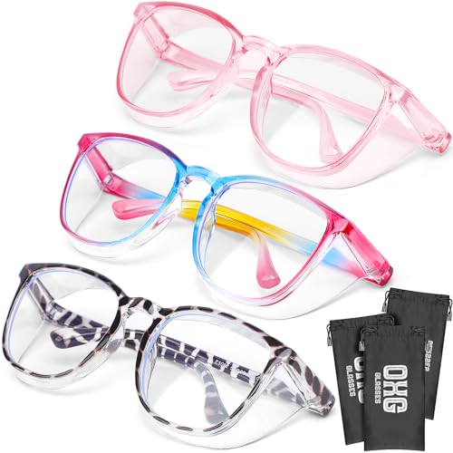 OXG 3 Pack Stylish Safety Glasses, ANSI Z87+ Anti Fog Safety Goggles Blue Light Blocking Protective Eyewear for Nurses - color: Leopard+rianbow+pink
